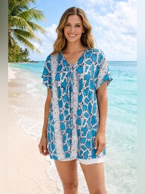 Buddy Love Turquoise Snake-Print V-Neck  Tunic Dress Swim Coverup